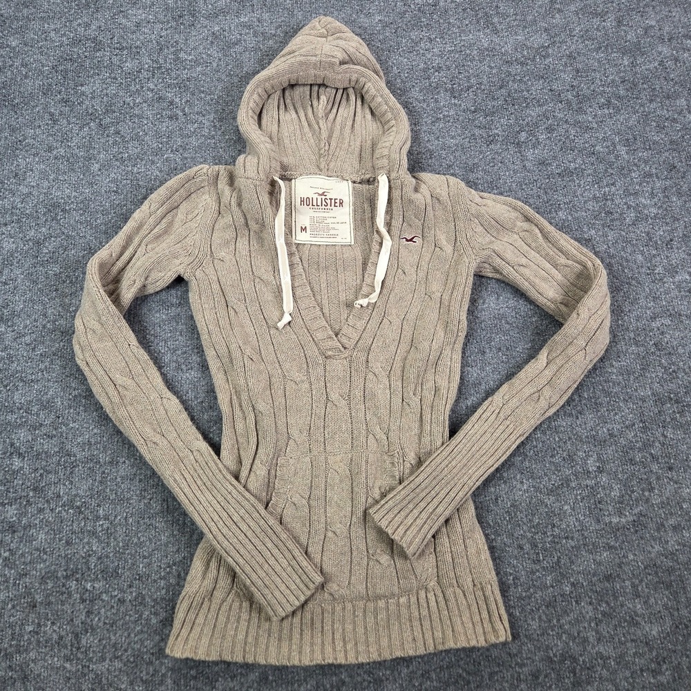 VTG Y2K Hollister Babydoll Rabbit Sweater Women‎ M Brown Cable Bella Swan Hood